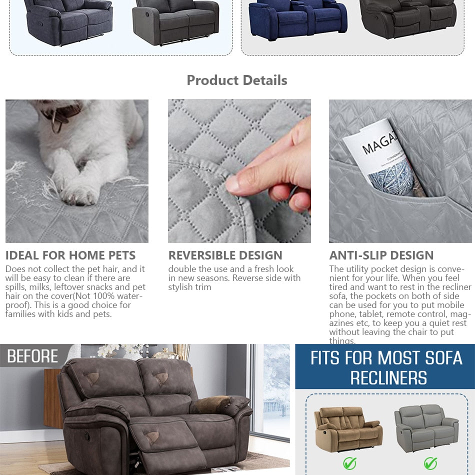 Reversible Recliner Sofa Cover for 1/2/3 Seaters - Pet-Friendly Furniture Protector for Living Room Armchair
