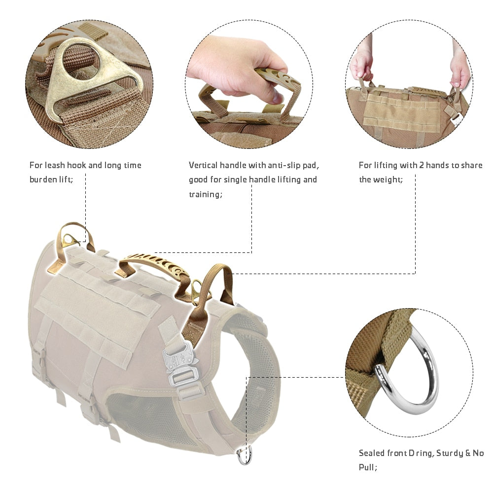 Military Tactical Dog Harness - No Pull, Training, Hiking, Molle Vest with Pouches for Medium and Large Dogs