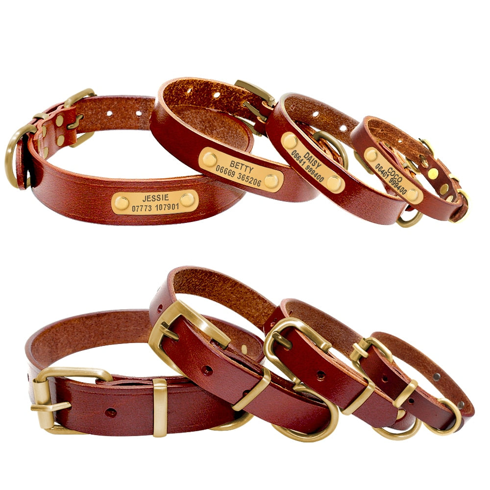 Personalized Leather Dog Collar with ID Nameplate - Custom Engraved Pet Name and Phone Number - Suitable for Small to Medium Dogs