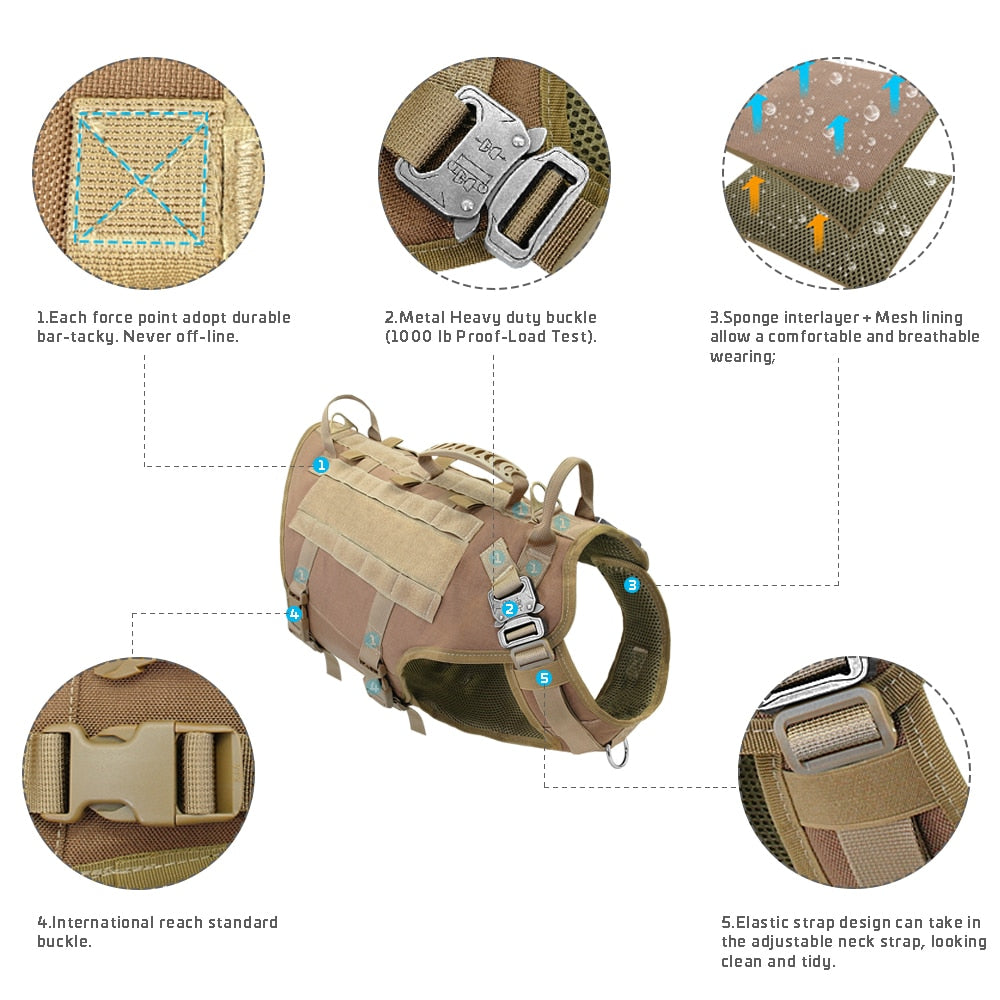 Military Tactical Dog Harness - No Pull, Training, Hiking, Molle Vest with Pouches for Medium and Large Dogs