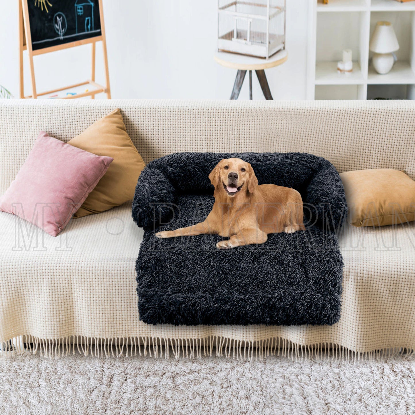 Large Dog Sofa Bed - Calming Pet Bed with Soft Washable Nest, Ideal for Comfortable Resting and Sleeping, Furniture Protector Mat and Blanket Included