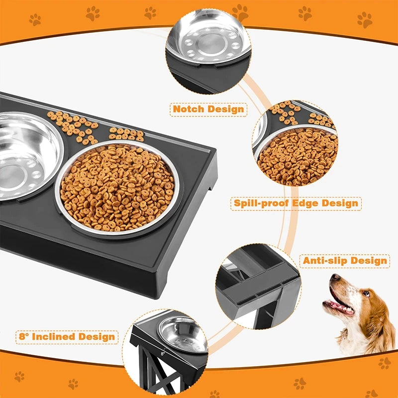 Adjustable Elevated Dog Bowls with Slow Feeder - Raised Food and Water Bowl Stand for Medium to Large Dogs - 3 Height Levels