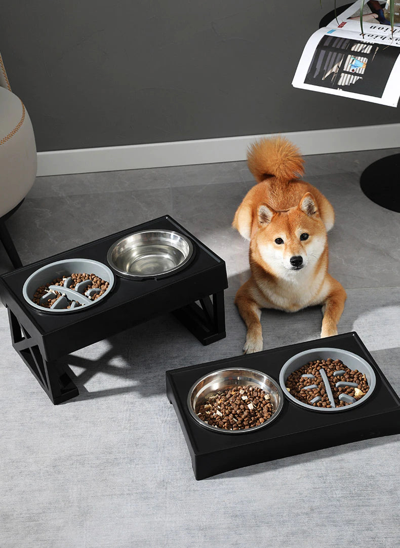 Adjustable Elevated Dog Bowls with Slow Feeder - Raised Food and Water Bowl Stand for Medium to Large Dogs - 3 Height Levels