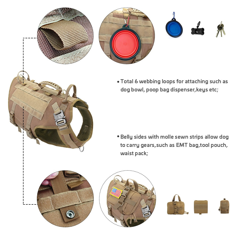 Military Tactical Dog Harness - No Pull, Training, Hiking, Molle Vest with Pouches for Medium and Large Dogs