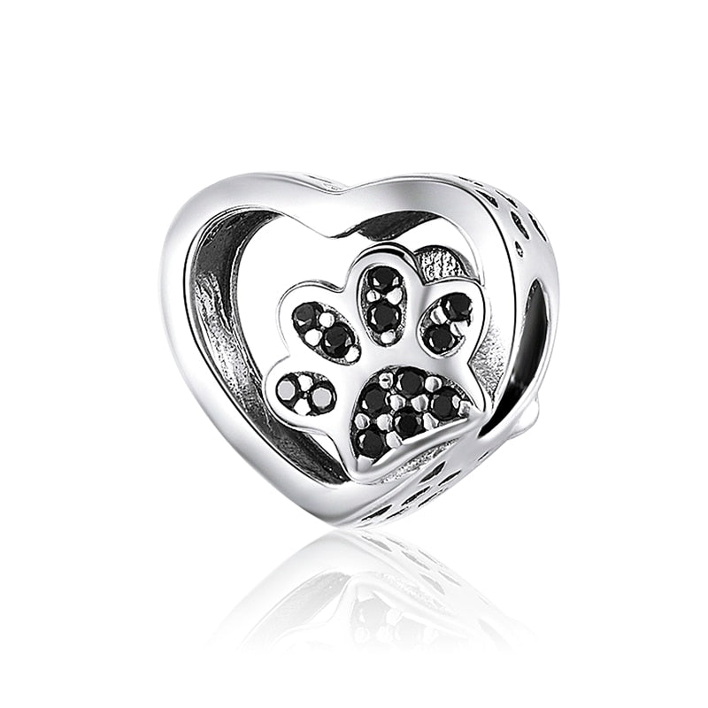 Puppy Dog Charm 925 Sterling Silver Heart Paw Pendant Bead for DIY Bracelet or Necklace - Fine Jewelry for Pet Lovers