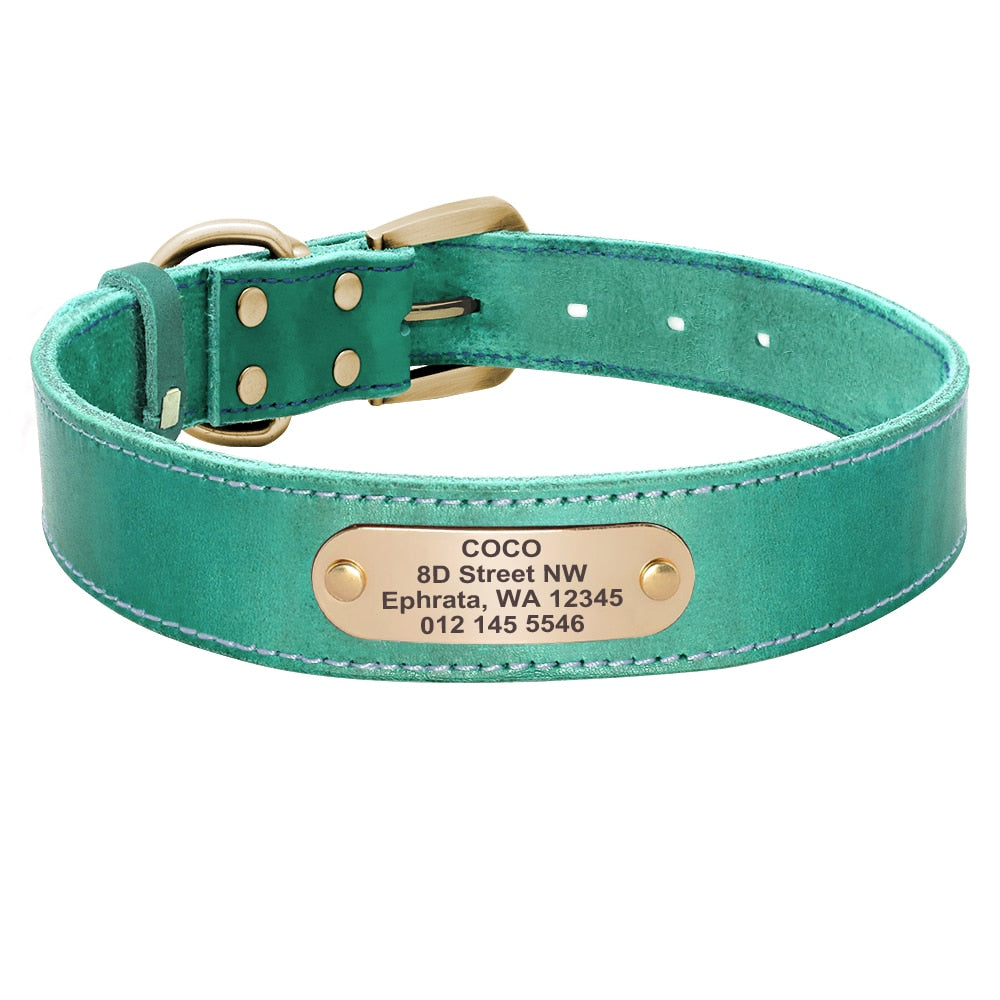 Personalized Leather Dog Collar and Leash Set with Engraved Nameplate for Small, Medium, and Large Dogs