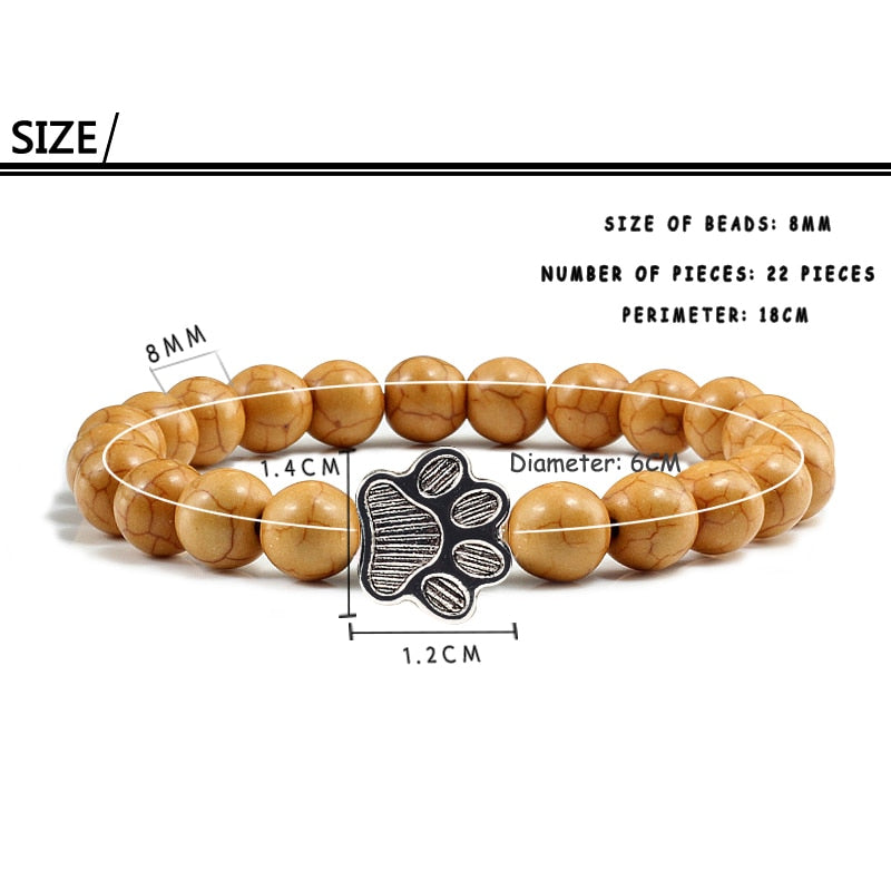 Matte, Black, or Natural Lava Beaded Stone Paw Print Charm Bracelet for Dog Lovers - Unisex Jewelry Gifts