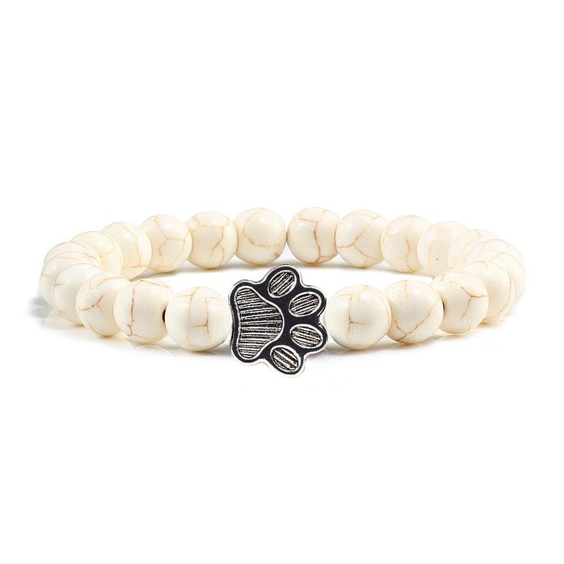 Matte, Black, or Natural Lava Beaded Stone Paw Print Charm Bracelet for Dog Lovers - Unisex Jewelry Gifts