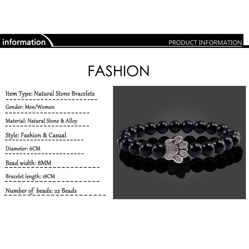 Matte, Black, or Natural Lava Beaded Stone Paw Print Charm Bracelet for Dog Lovers - Unisex Jewelry Gifts