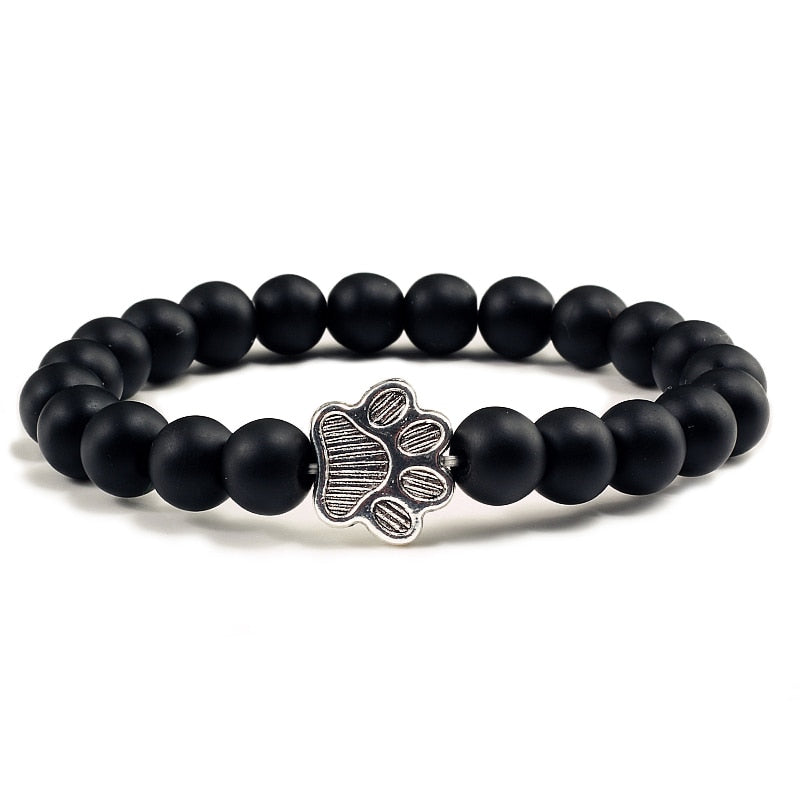 Matte, Black, or Natural Lava Beaded Stone Paw Print Charm Bracelet for Dog Lovers - Unisex Jewelry Gifts