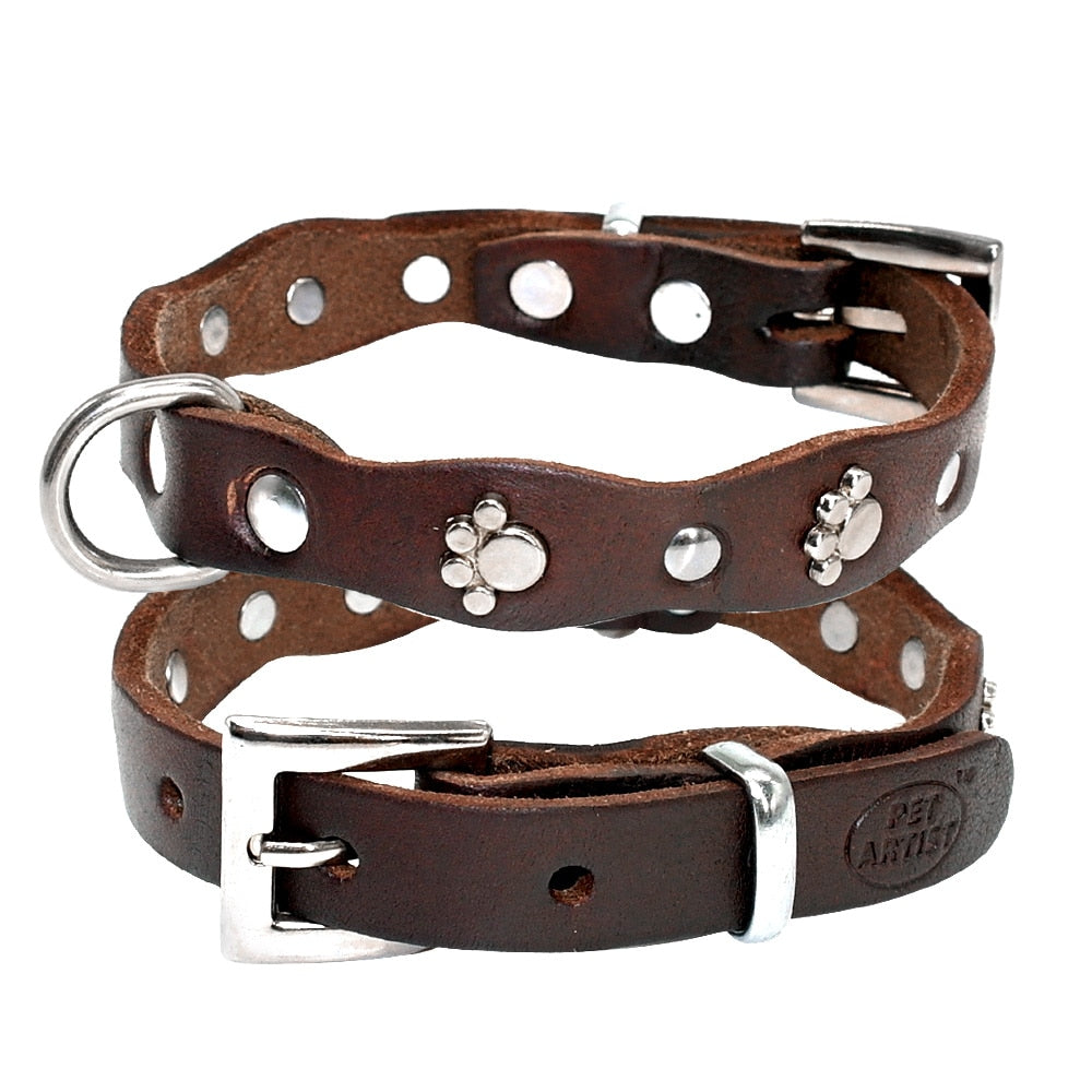 Adjustable Studded Leather Dog Collar - Soft and Durable Collars for Puppies and Small to Medium Breeds - Available in Brown Color - XXS, XS, S, M sizes