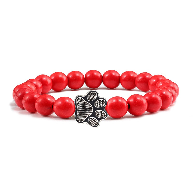 Matte, Black, or Natural Lava Beaded Stone Paw Print Charm Bracelet for Dog Lovers - Unisex Jewelry Gifts
