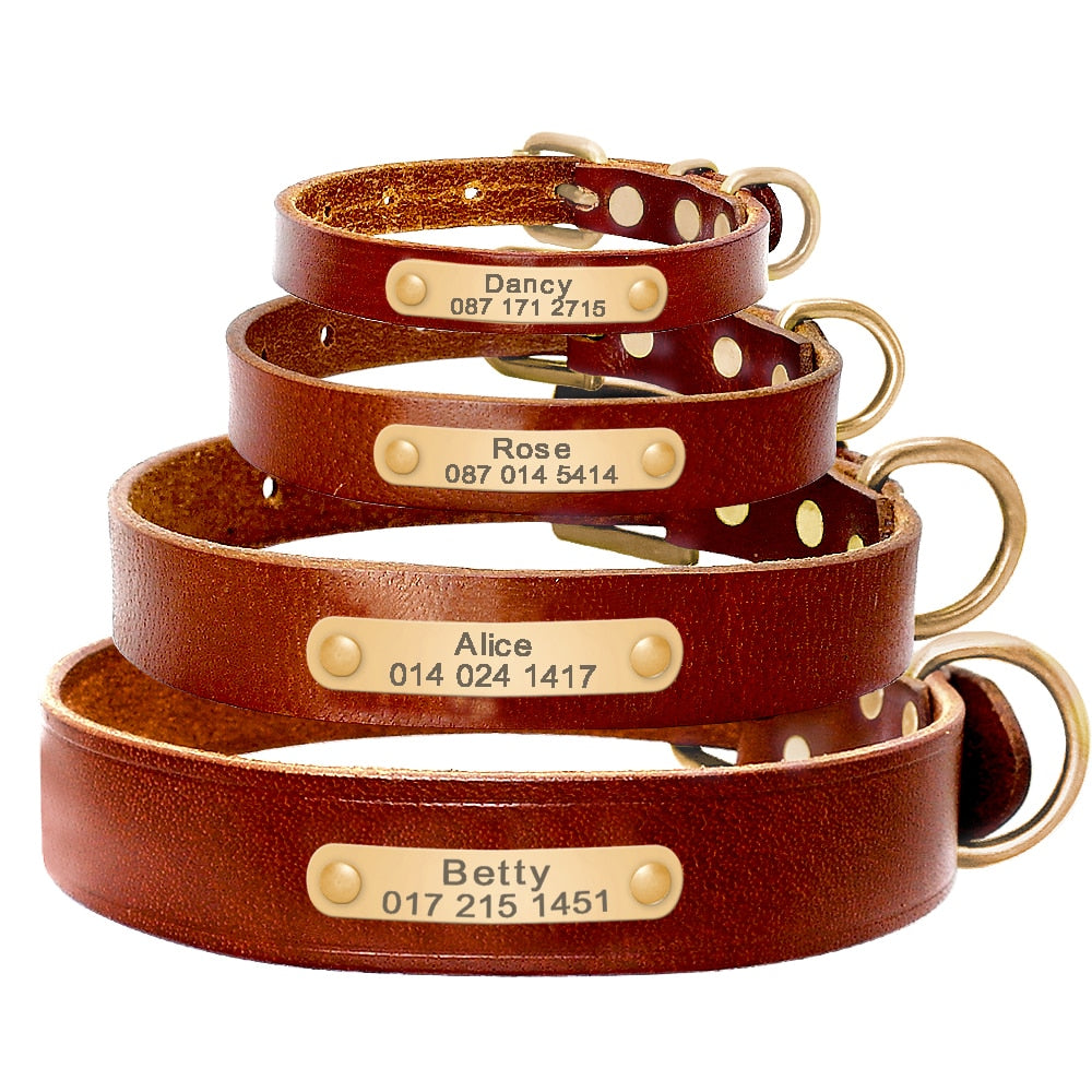 Personalized Leather Dog Collar with ID Nameplate - Custom Engraved Pet Name and Phone Number - Suitable for Small to Medium Dogs