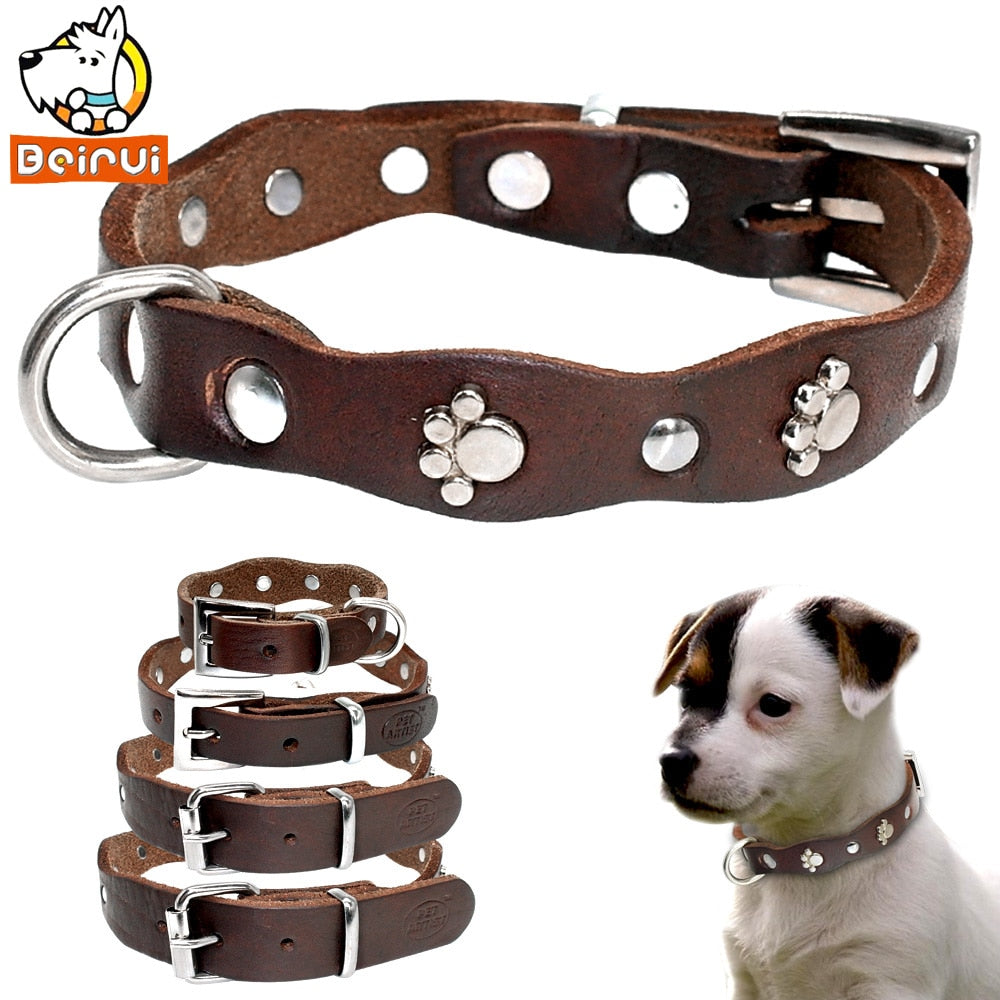 Adjustable Studded Leather Dog Collar - Soft and Durable Collars for Puppies and Small to Medium Breeds - Available in Brown Color - XXS, XS, S, M sizes
