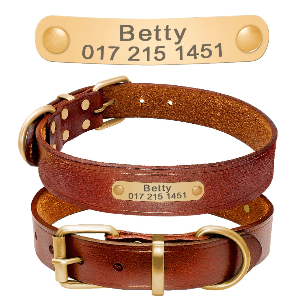 Personalized Leather Dog Collar with ID Nameplate - Custom Engraved Pet Name and Phone Number - Suitable for Small to Medium Dogs