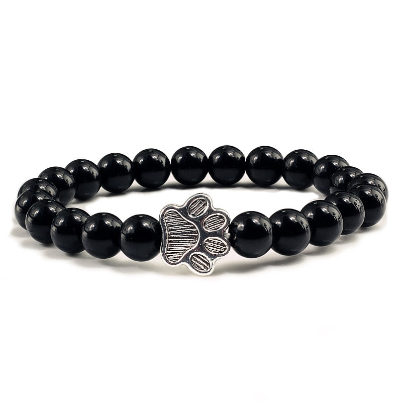 Matte, Black, or Natural Lava Beaded Stone Paw Print Charm Bracelet for Dog Lovers - Unisex Jewelry Gifts