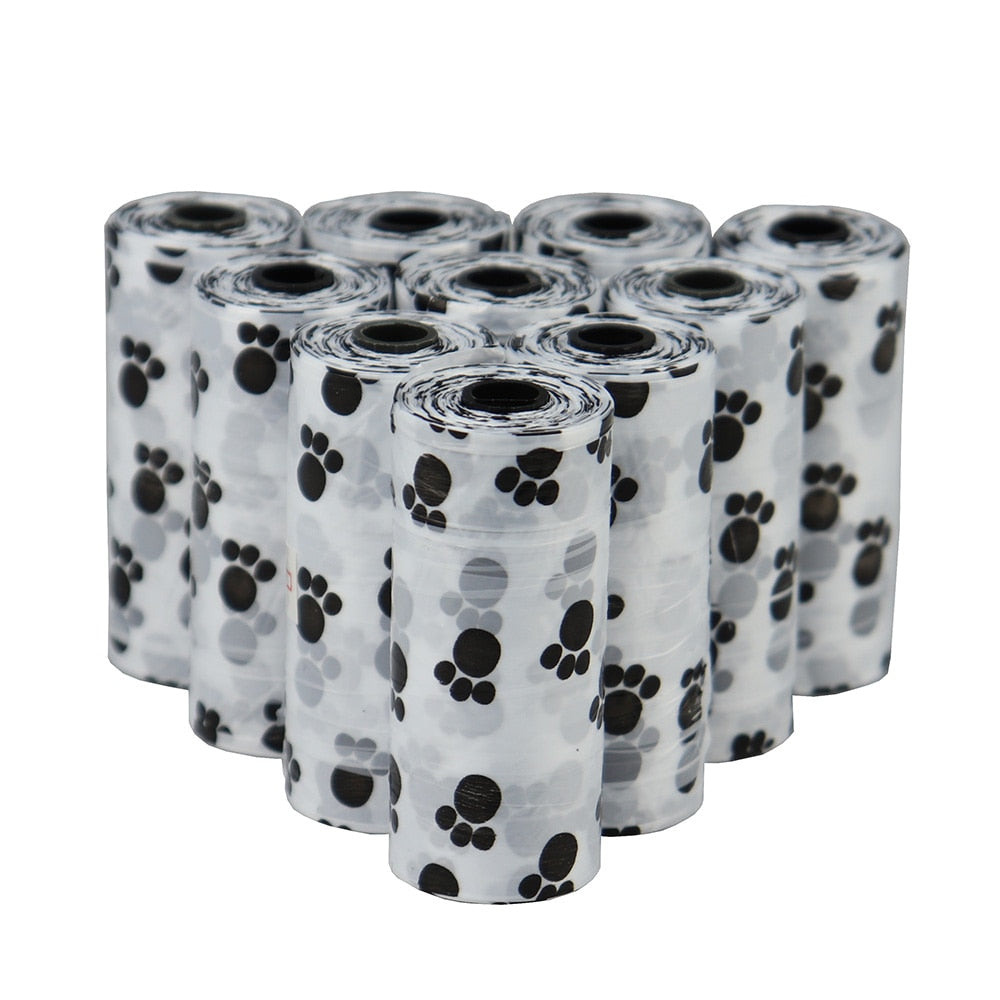 Bulk Disposable Pet Poop Bags with Leash Clip and Dispenser, Paw Print Design, 5 rolls (75 Bags)