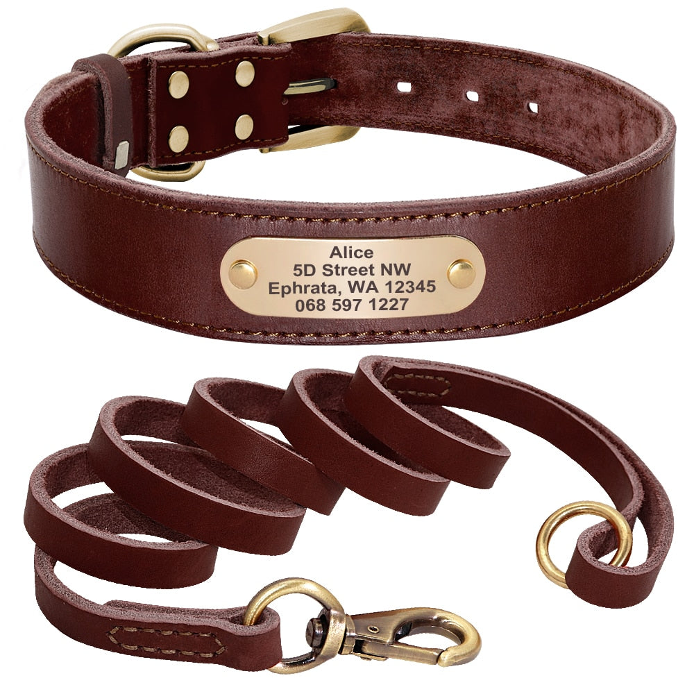Personalized Leather Dog Collar and Leash Set with Engraved Nameplate for Small, Medium, and Large Dogs