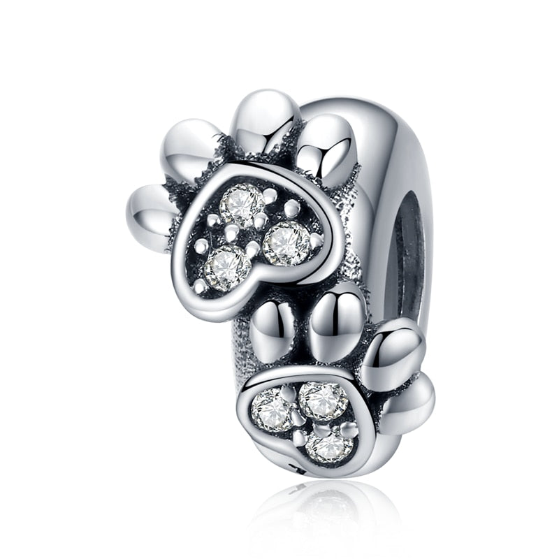 Puppy Dog Charm 925 Sterling Silver Heart Paw Pendant Bead for DIY Bracelet or Necklace - Fine Jewelry for Pet Lovers