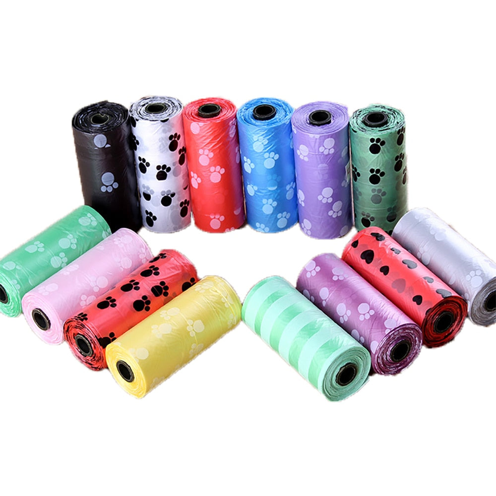 Bulk Disposable Pet Poop Bags with Leash Clip and Dispenser, Paw Print Design, 5 rolls (75 Bags)