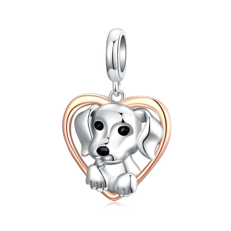 Puppy Dog Charm 925 Sterling Silver Heart Paw Pendant Bead for DIY Bracelet or Necklace - Fine Jewelry for Pet Lovers