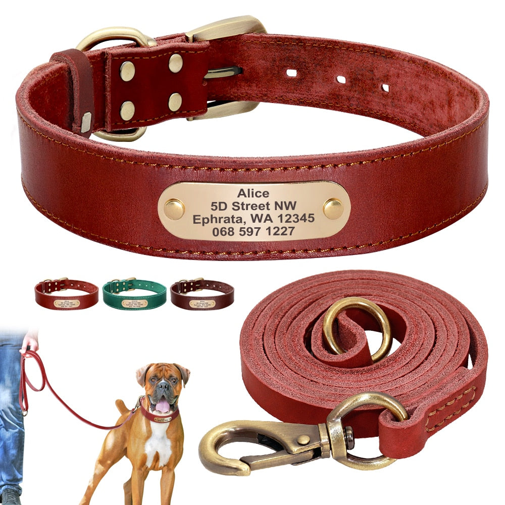 Personalized Leather Dog Collar and Leash Set with Engraved Nameplate for Small, Medium, and Large Dogs