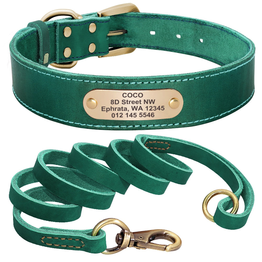 Personalized Leather Dog Collar and Leash Set with Engraved Nameplate for Small, Medium, and Large Dogs