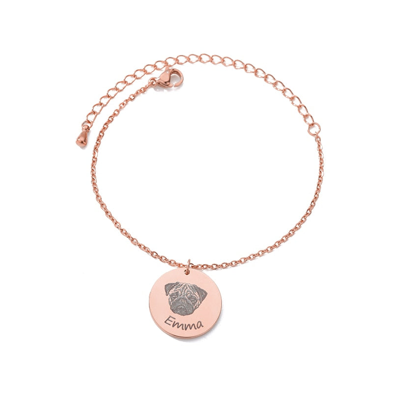 Personalized Hand Painted Engraved Pet Photo Bracelet for Women - Stainless Steel Custom Dog Pet Picture Name Bracelet Jewelry - Unique Memory Gift