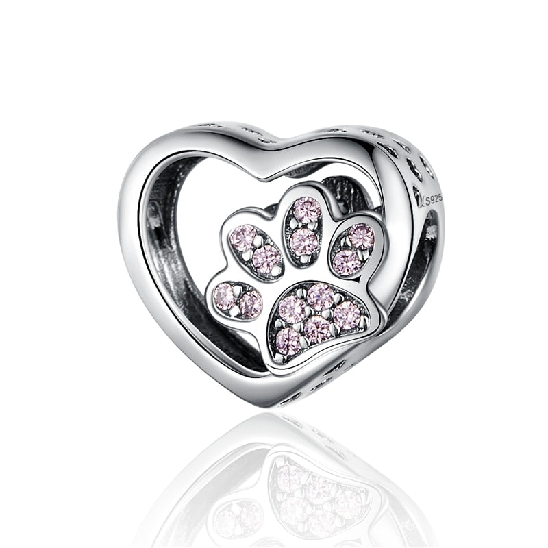 Puppy Dog Charm 925 Sterling Silver Heart Paw Pendant Bead for DIY Bracelet or Necklace - Fine Jewelry for Pet Lovers