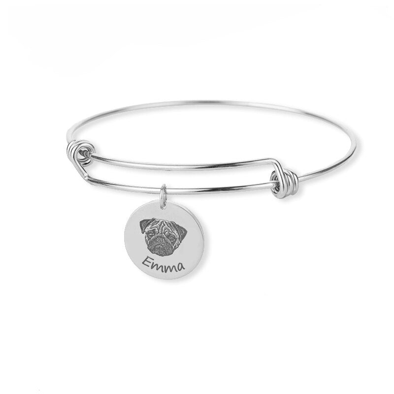 Personalized Hand Painted Engraved Pet Photo Bracelet for Women - Stainless Steel Custom Dog Pet Picture Name Bracelet Jewelry - Unique Memory Gift