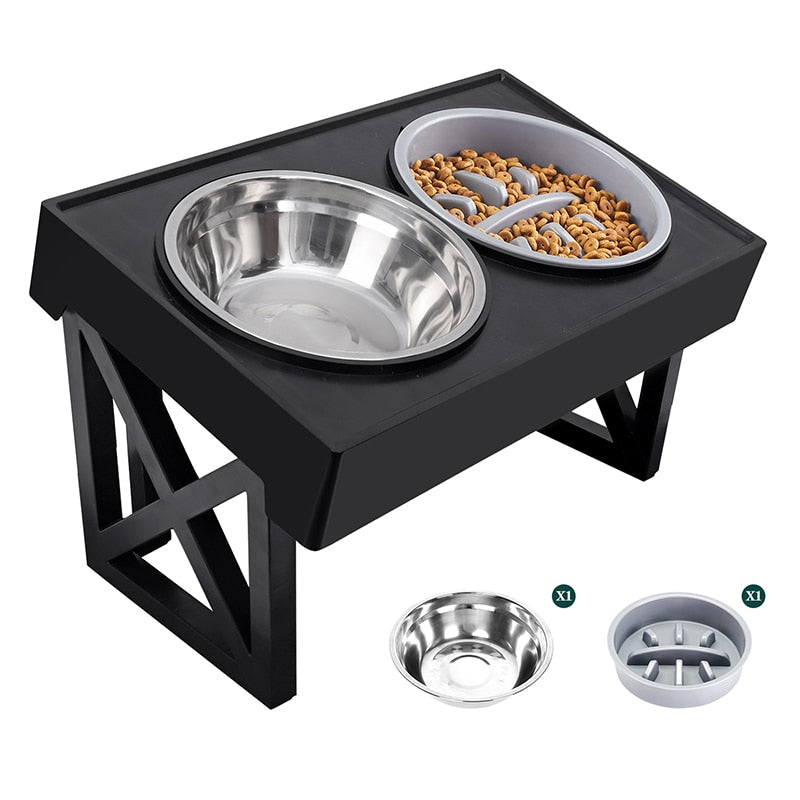 Adjustable Elevated Dog Bowls with Slow Feeder - Raised Food and Water Bowl Stand for Medium to Large Dogs - 3 Height Levels