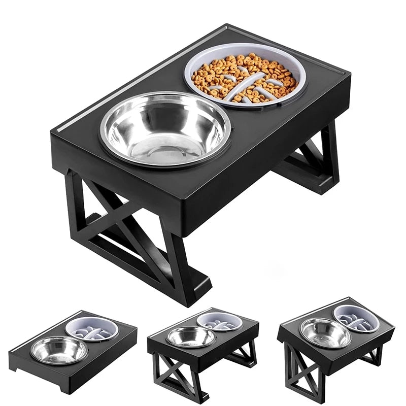 Adjustable Elevated Dog Bowls with Slow Feeder - Raised Food and Water Bowl Stand for Medium to Large Dogs - 3 Height Levels