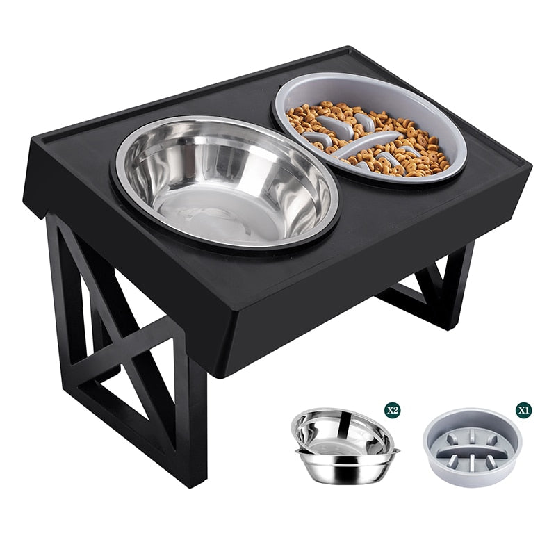 Adjustable Elevated Dog Bowls with Slow Feeder - Raised Food and Water Bowl Stand for Medium to Large Dogs - 3 Height Levels