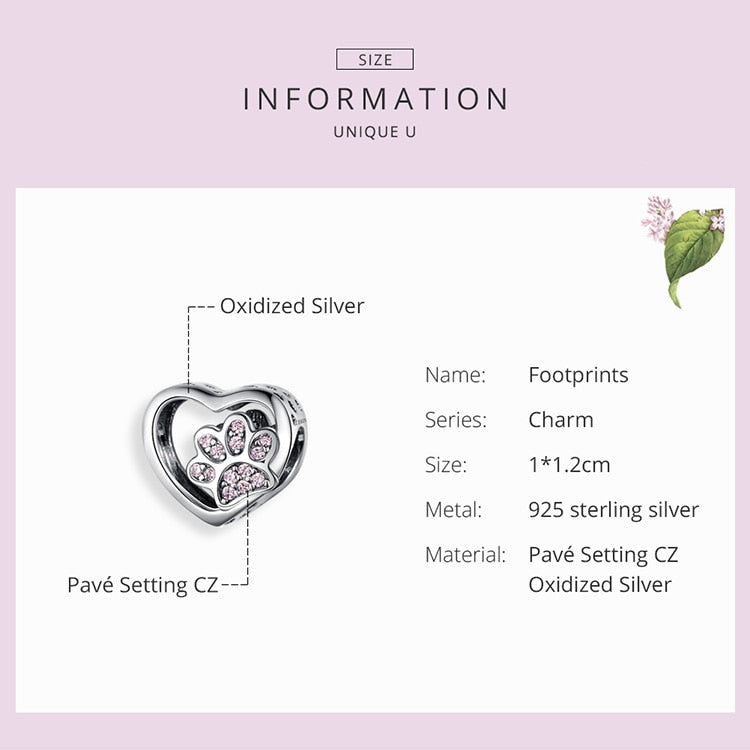 Puppy Dog Charm 925 Sterling Silver Heart Paw Pendant Bead for DIY Bracelet or Necklace - Fine Jewelry for Pet Lovers