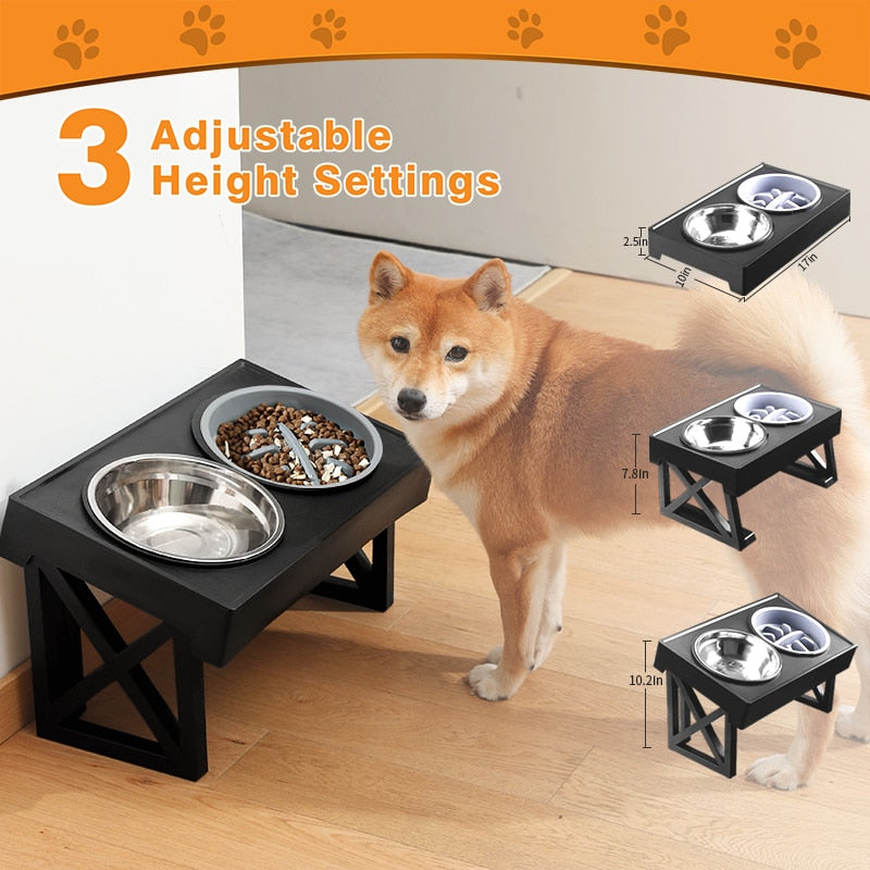 Adjustable Elevated Dog Bowls with Slow Feeder - Raised Food and Water Bowl Stand for Medium to Large Dogs - 3 Height Levels