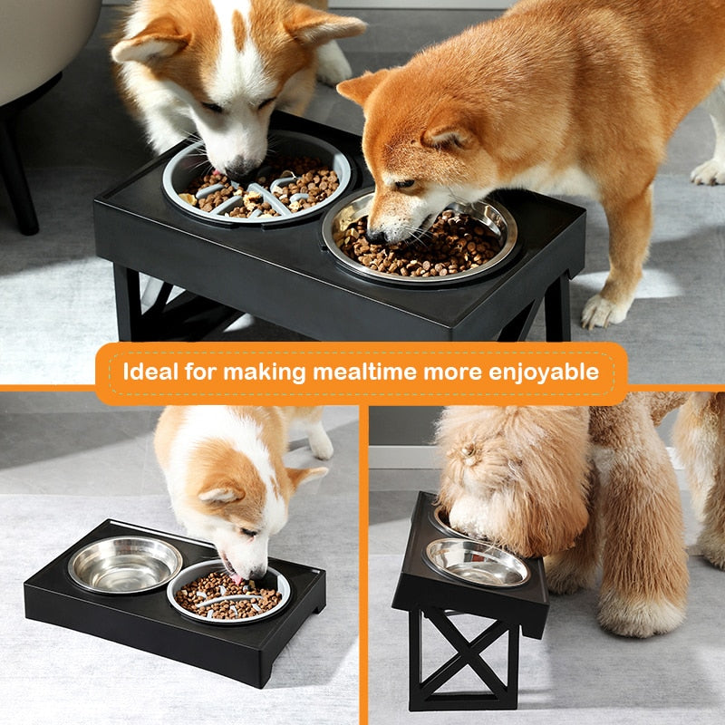 Adjustable Elevated Dog Bowls with Slow Feeder - Raised Food and Water Bowl Stand for Medium to Large Dogs - 3 Height Levels