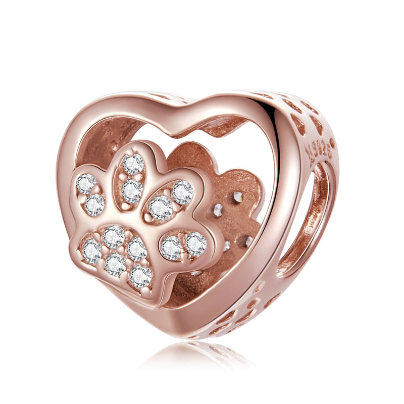 Puppy Dog Charm 925 Sterling Silver Heart Paw Pendant Bead for DIY Bracelet or Necklace - Fine Jewelry for Pet Lovers