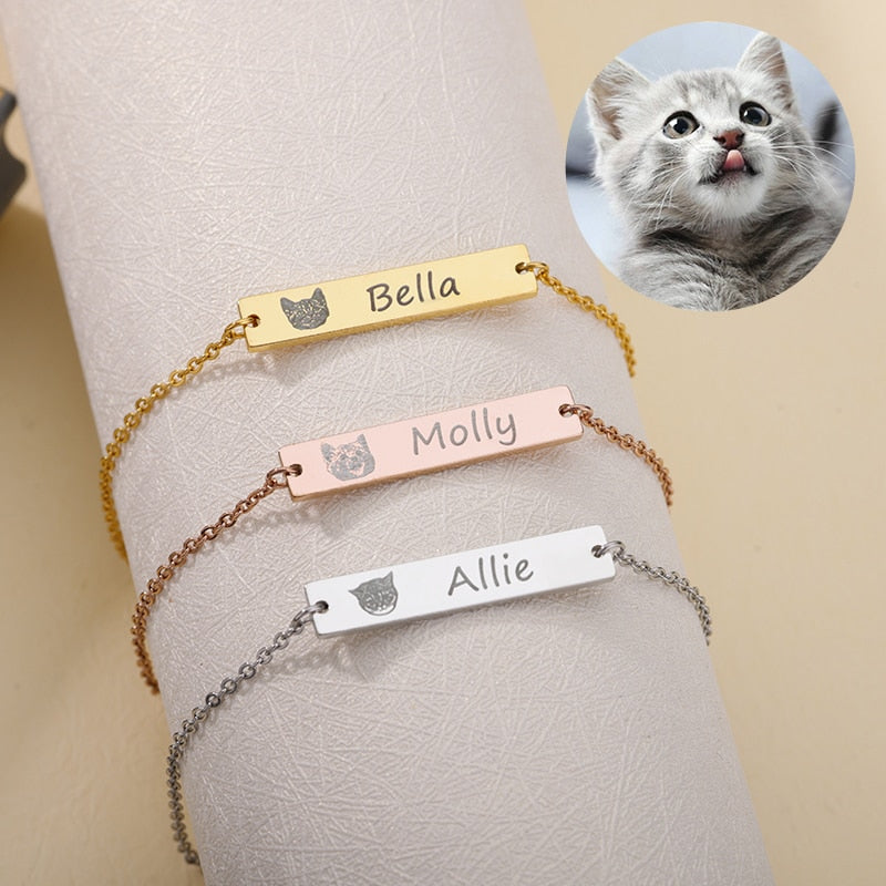 Personalized Hand Painted Engraved Pet Photo Bracelet for Women - Stainless Steel Custom Dog Pet Picture Name Bracelet Jewelry - Unique Memory Gift