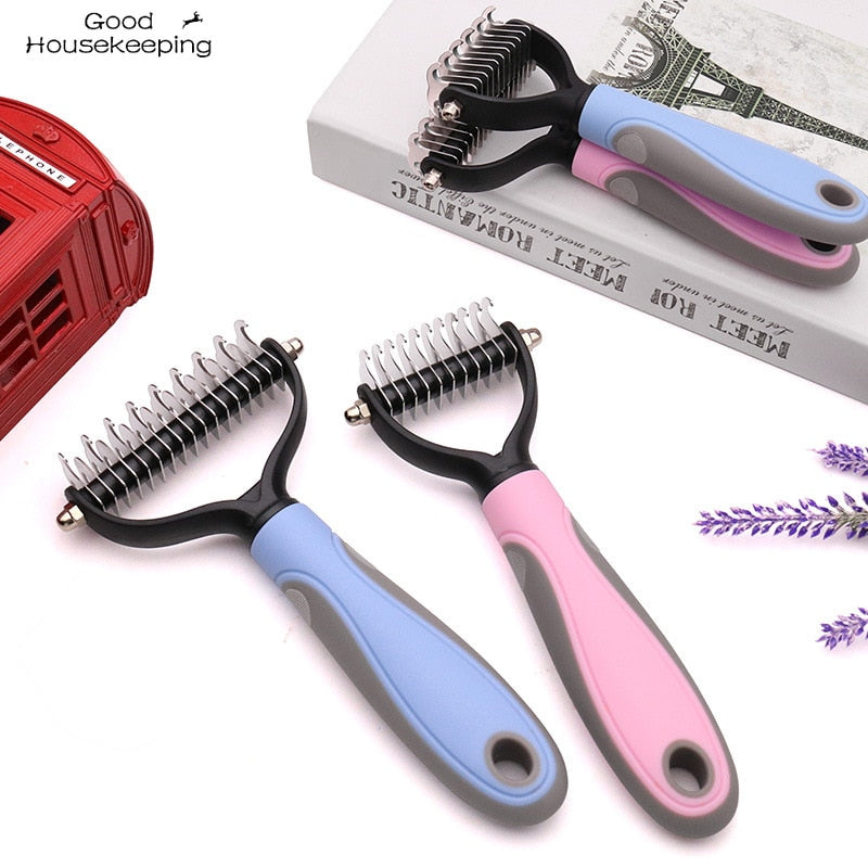 Double-Sided Pet Fur Knot Cutter and De-Shedding Tool - Dog Grooming Brush for Effective Hair Removal