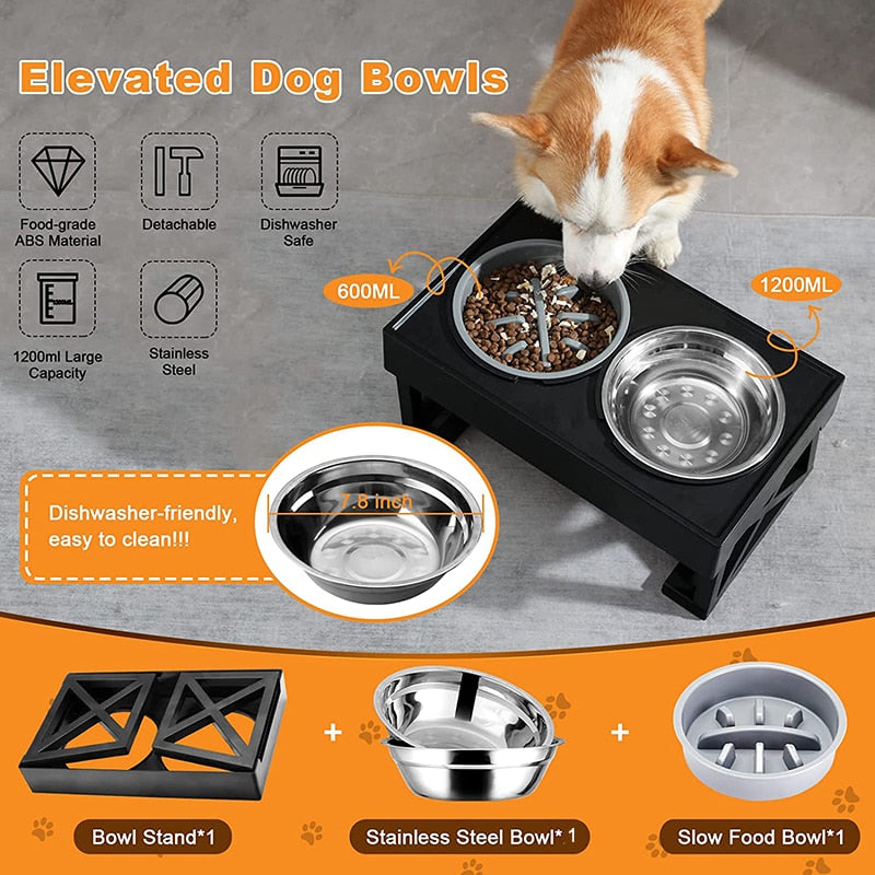 Adjustable Elevated Dog Bowls with Slow Feeder - Raised Food and Water Bowl Stand for Medium to Large Dogs - 3 Height Levels