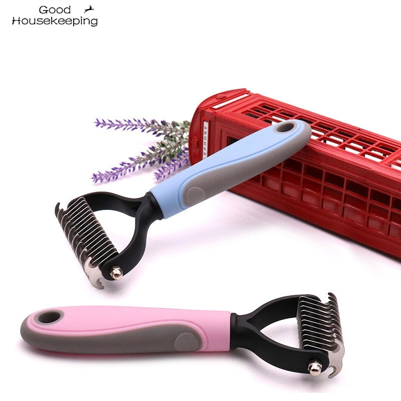 Double-Sided Pet Fur Knot Cutter and De-Shedding Tool - Dog Grooming Brush for Effective Hair Removal