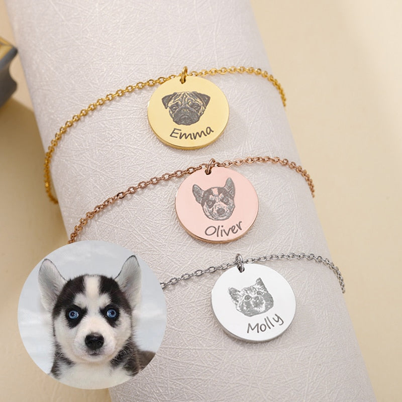 Personalized Hand Painted Engraved Pet Photo Bracelet for Women - Stainless Steel Custom Dog Pet Picture Name Bracelet Jewelry - Unique Memory Gift