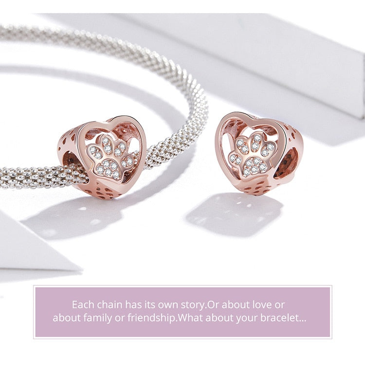 Puppy Dog Charm 925 Sterling Silver Heart Paw Pendant Bead for DIY Bracelet or Necklace - Fine Jewelry for Pet Lovers