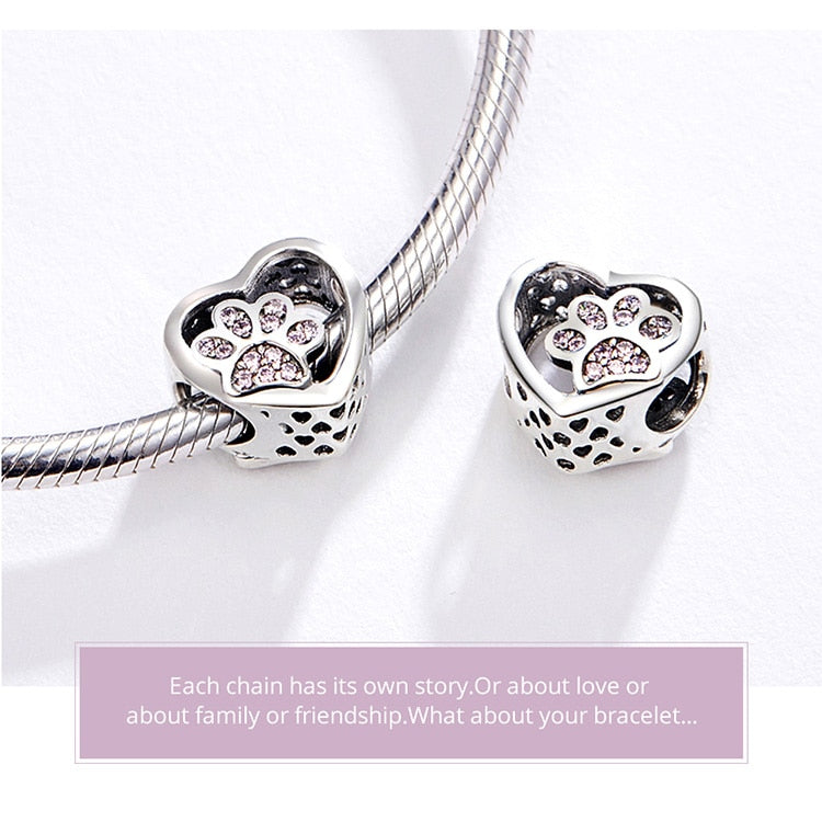 Puppy Dog Charm 925 Sterling Silver Heart Paw Pendant Bead for DIY Bracelet or Necklace - Fine Jewelry for Pet Lovers