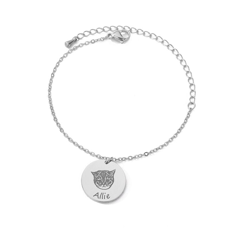 Personalized Hand Painted Engraved Pet Photo Bracelet for Women - Stainless Steel Custom Dog Pet Picture Name Bracelet Jewelry - Unique Memory Gift
