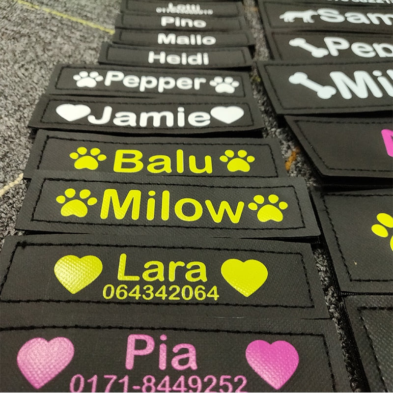 Personalized Velcro Dog Name Tag with Reflective Stickers for K9 Dog Harness - Set of 2 Customized Labels for Dog Accessories
