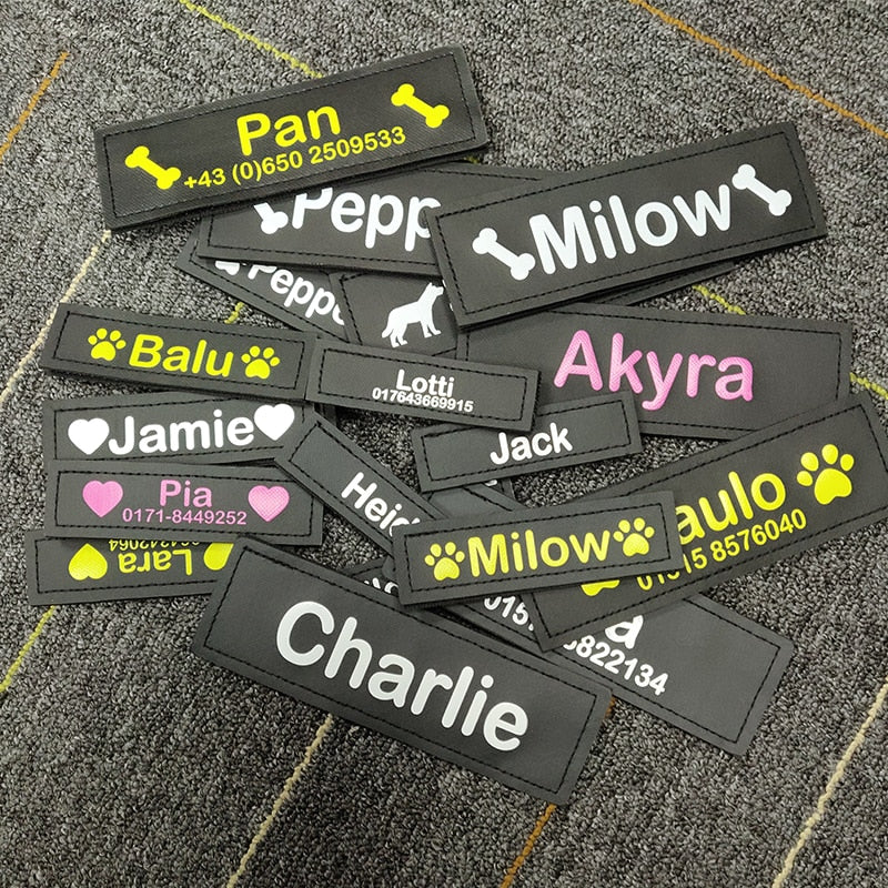 Personalized Velcro Dog Name Tag with Reflective Stickers for K9 Dog Harness - Set of 2 Customized Labels for Dog Accessories