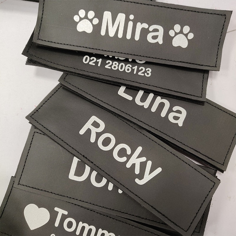 Personalized Velcro Dog Name Tag with Reflective Stickers for K9 Dog Harness - Set of 2 Customized Labels for Dog Accessories