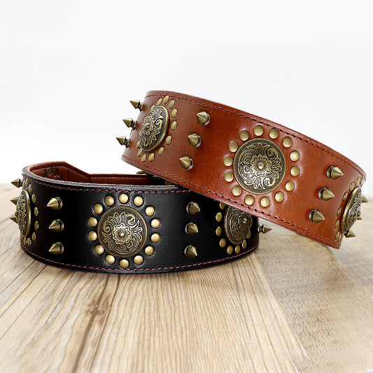 Spiked Leather Dog Collar for Large Breeds - Durable and Stylish  Collars for Medium to Large Dogs - Genuine Leather in Brown Color