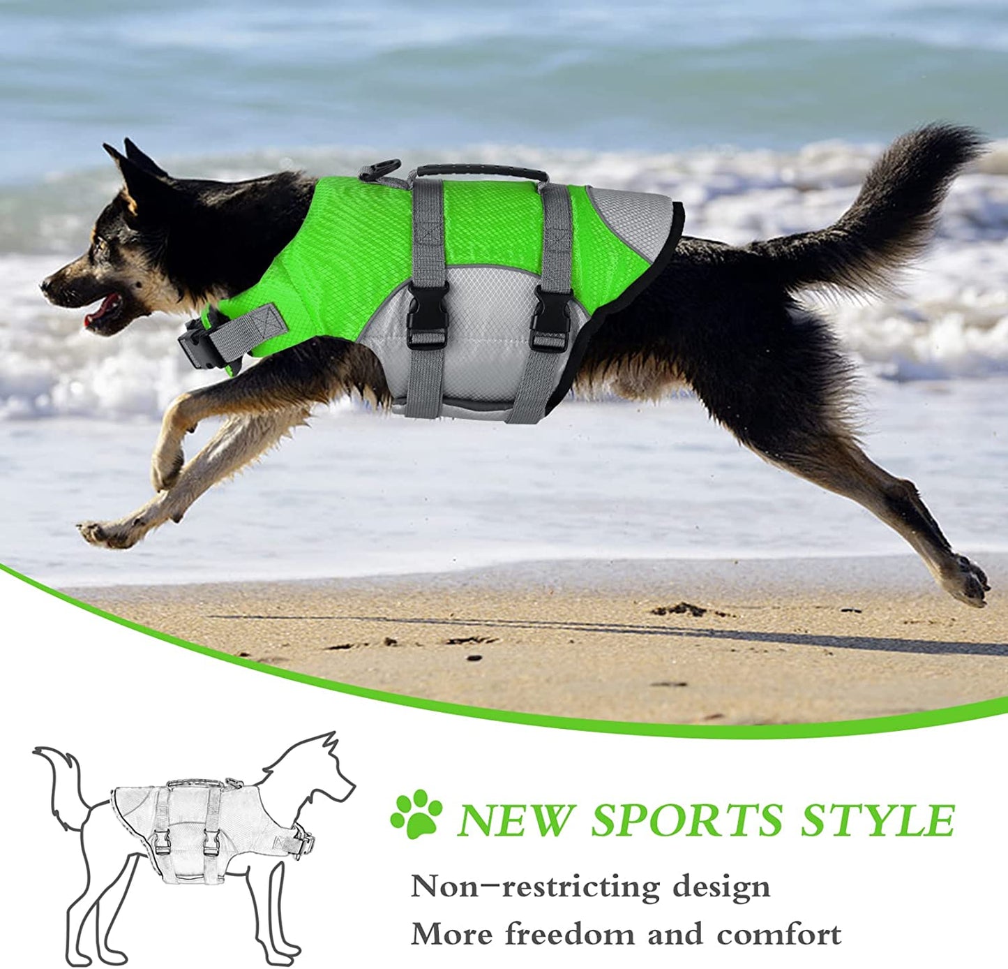 Reflective Dog Life Jacket - Safety Rescue Vest for Swimming - Adjustable and Suitable for All Pet Dogs